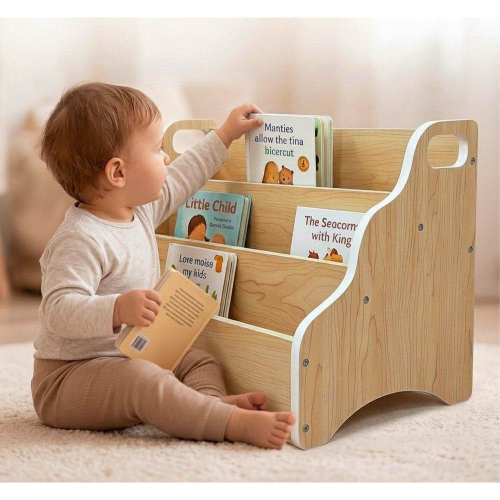 EinKleinkindkineinemhellenRaumsitztsichvordemhölzernenBücherregalundgreiftnacheinemBuch.