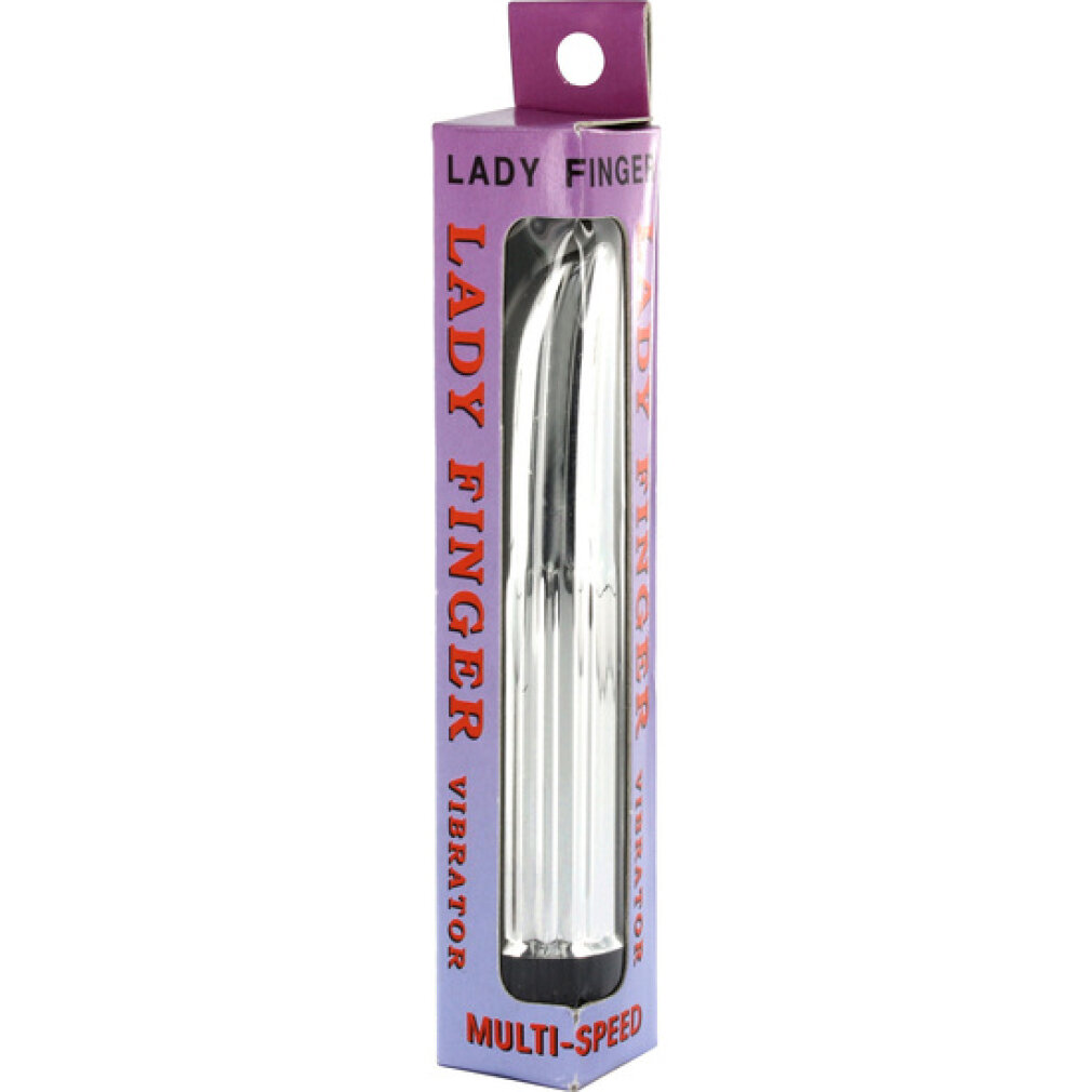 Eine lila Verpackung mit Aufschrift Lady Finger und einem silbernen Vibrator im Sichtfenster.