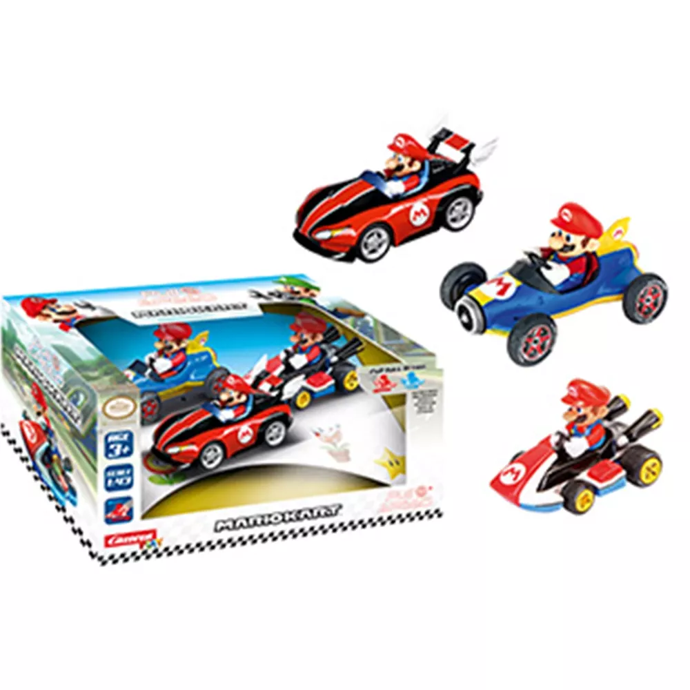 Karts de juguete de Mario Kart con su caja.