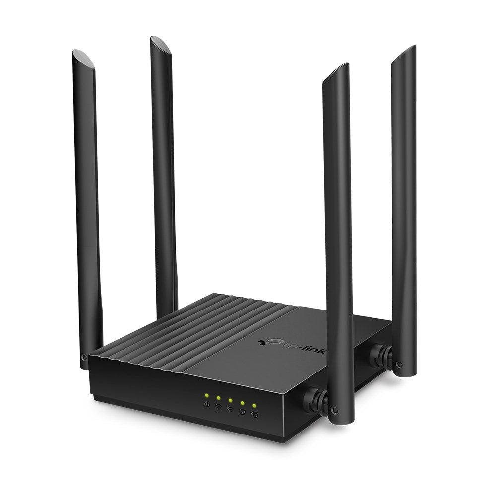 Czarny router Wi-Fi TP-Link z czterema pionowymi antenami i pięcioma świecącymi zielonymi diodami z przodu.