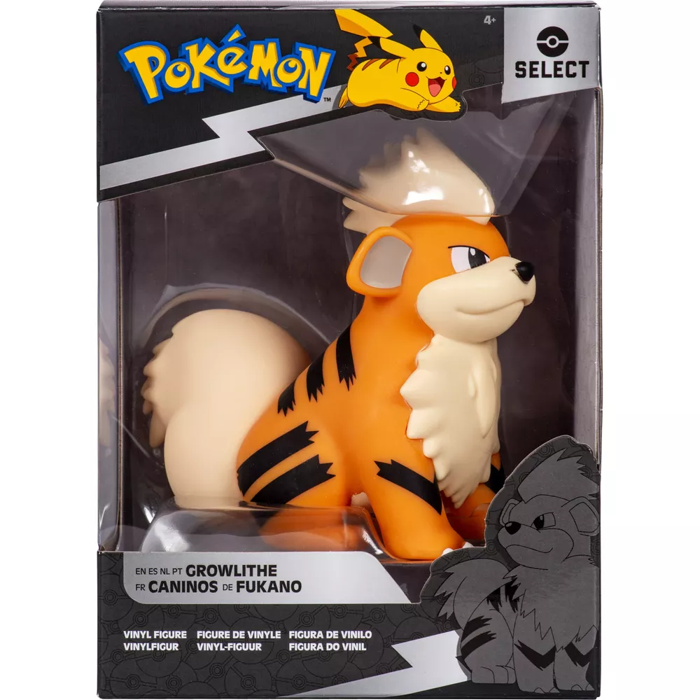 Figura de vinilo de Pokémon Growlithe en caja de coleccionista con logo.
