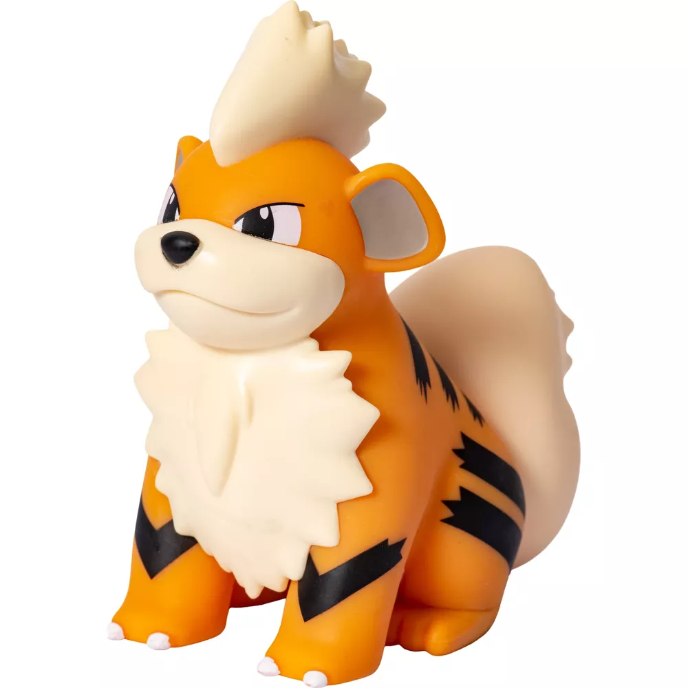 Una figura de Pokémon naranja y negra con pelaje beige en la cabeza y la cola sobre fondo blanco.