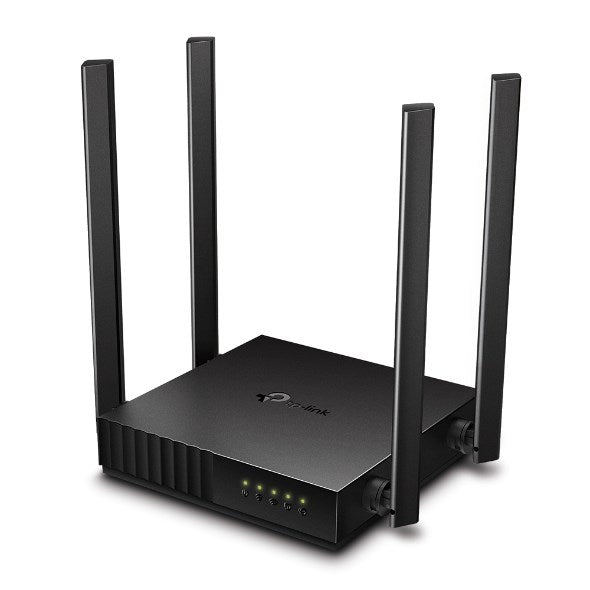 Czarny router Wi-Fi TP-Link z czterema pionowymi antenami i świecącymi kontrolkami na białym tle.