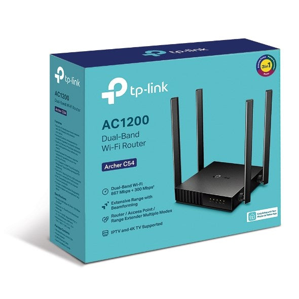 Jasnoniebieske pudełko routera Wi-Fi dual-band TP-Link AC1200 z czterema antenami i czarnym routerem obok.