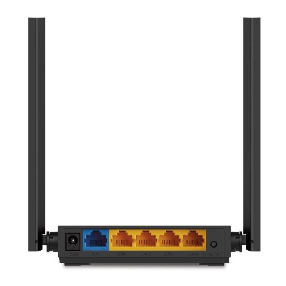 Widok z tyłu czarnego routera Wi-Fi z dwiema pionowymi antenami oraz portami zasilania, WAN i LAN.