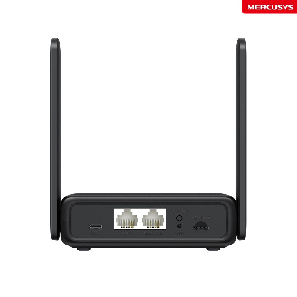 Widok z tyłu czarnego routera Mercusys z dwiema antenami, dwoma portami ethernet, portem zasilania i gniazdem nano SIM.