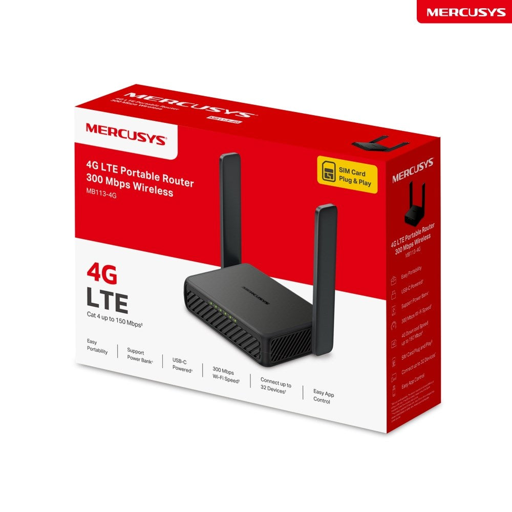 Czerwono-białe pudełko produktu przenośnego routera Mercusys 4G LTE z dwiema antenami.