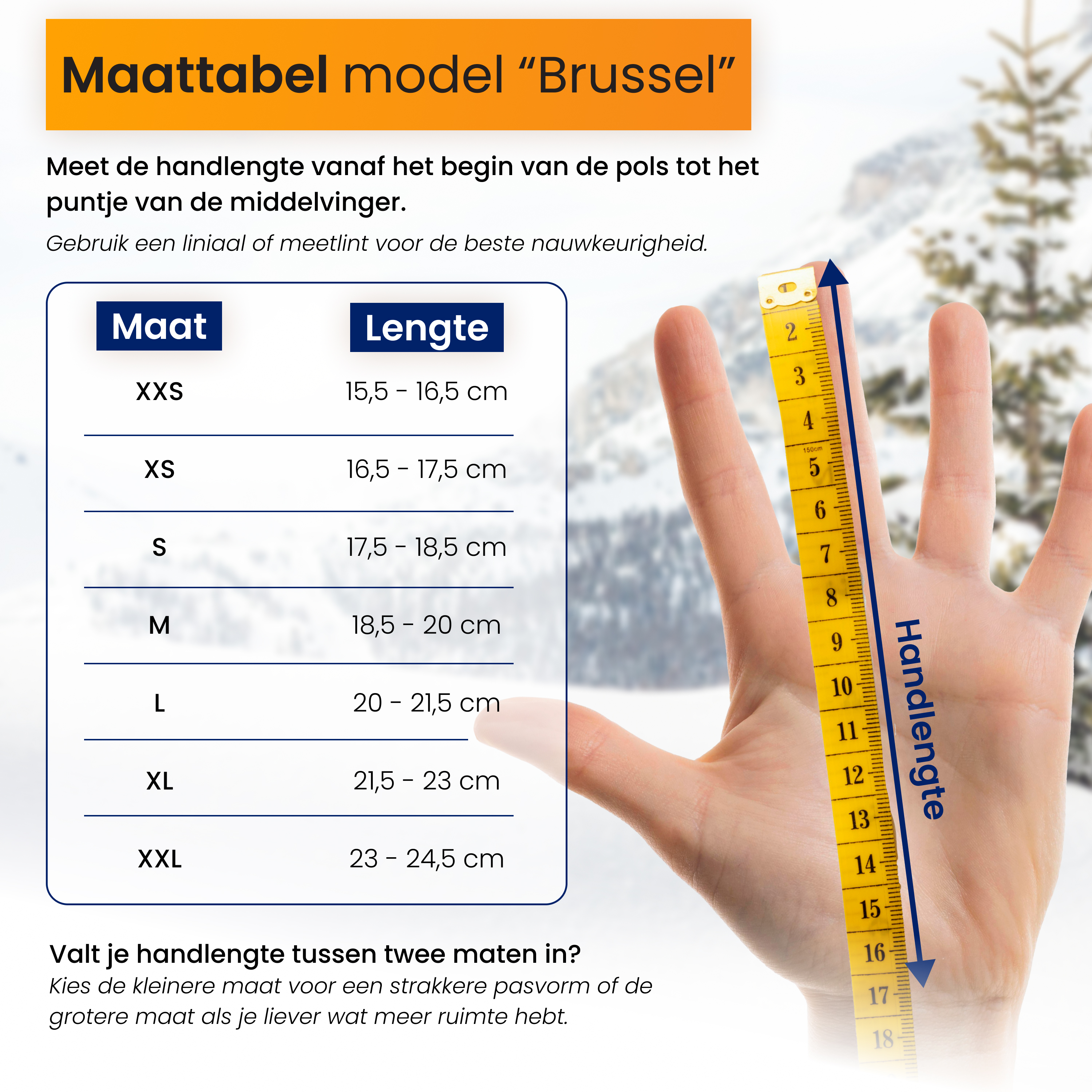 Glove size chart showing a hand with a measuring tape against a snowy background.