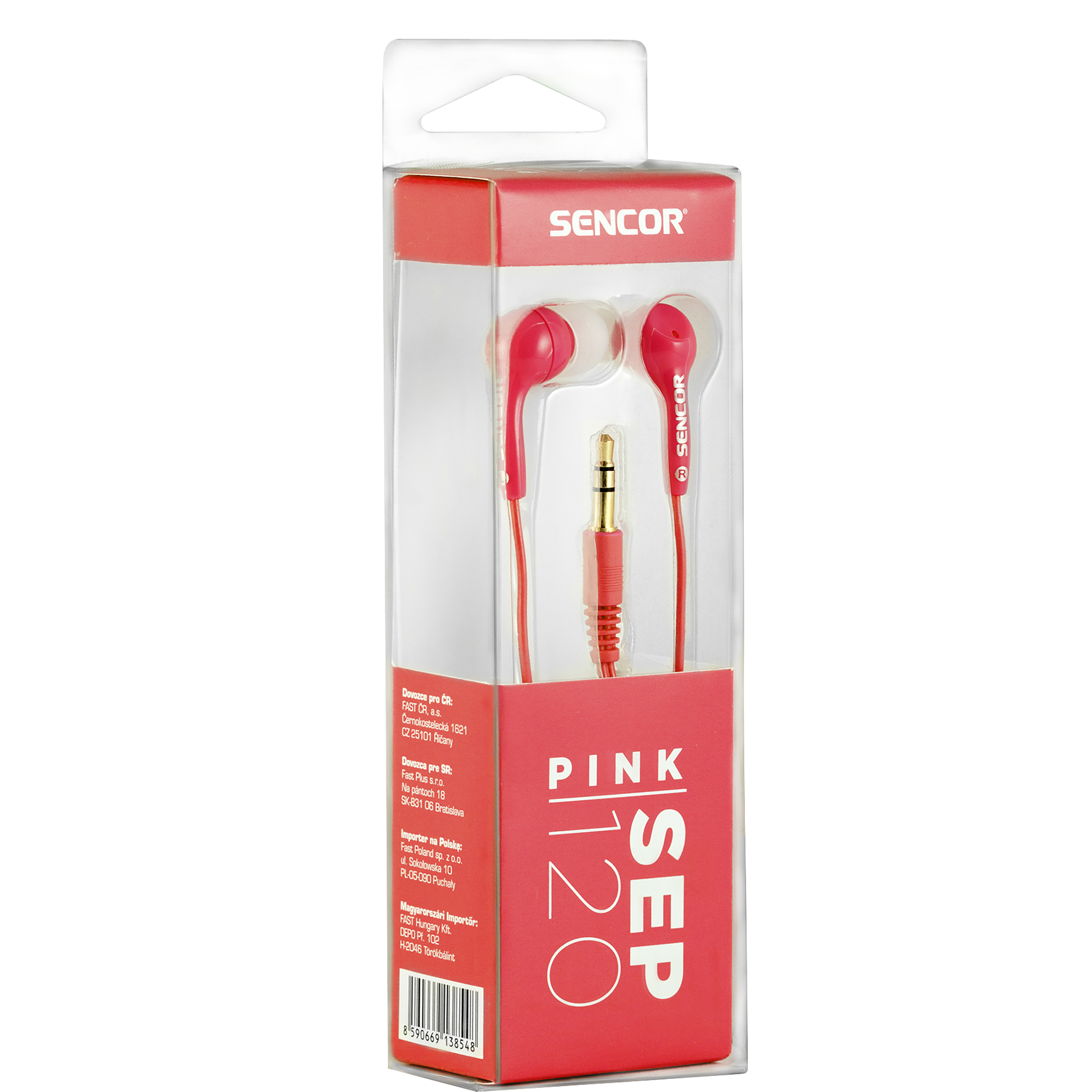 Auriculares Sencor de color rosa dentro de su empaque rojo y transparente.