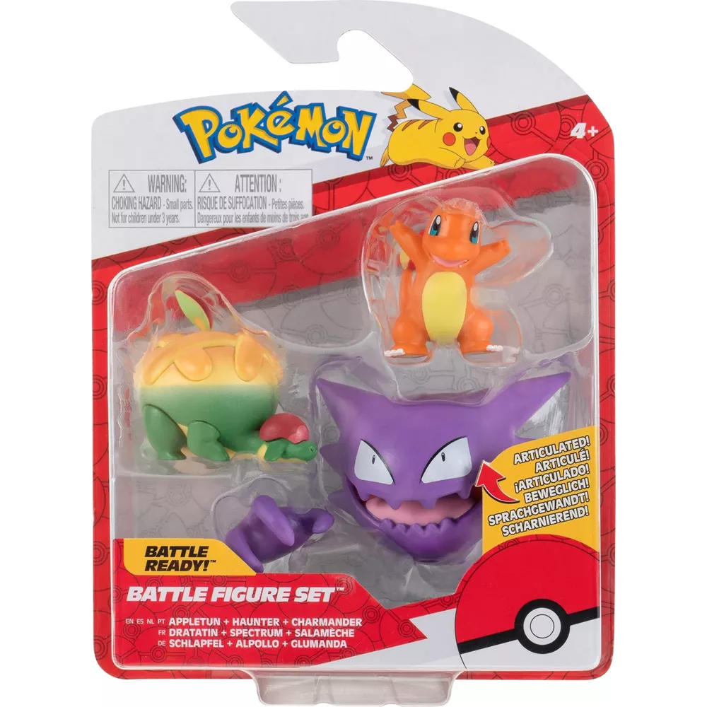 Un empaque de set de figuras de batalla Pokémon con figuras de Appletun, Haunter y Charmander sobre fondo rojo y blanco.