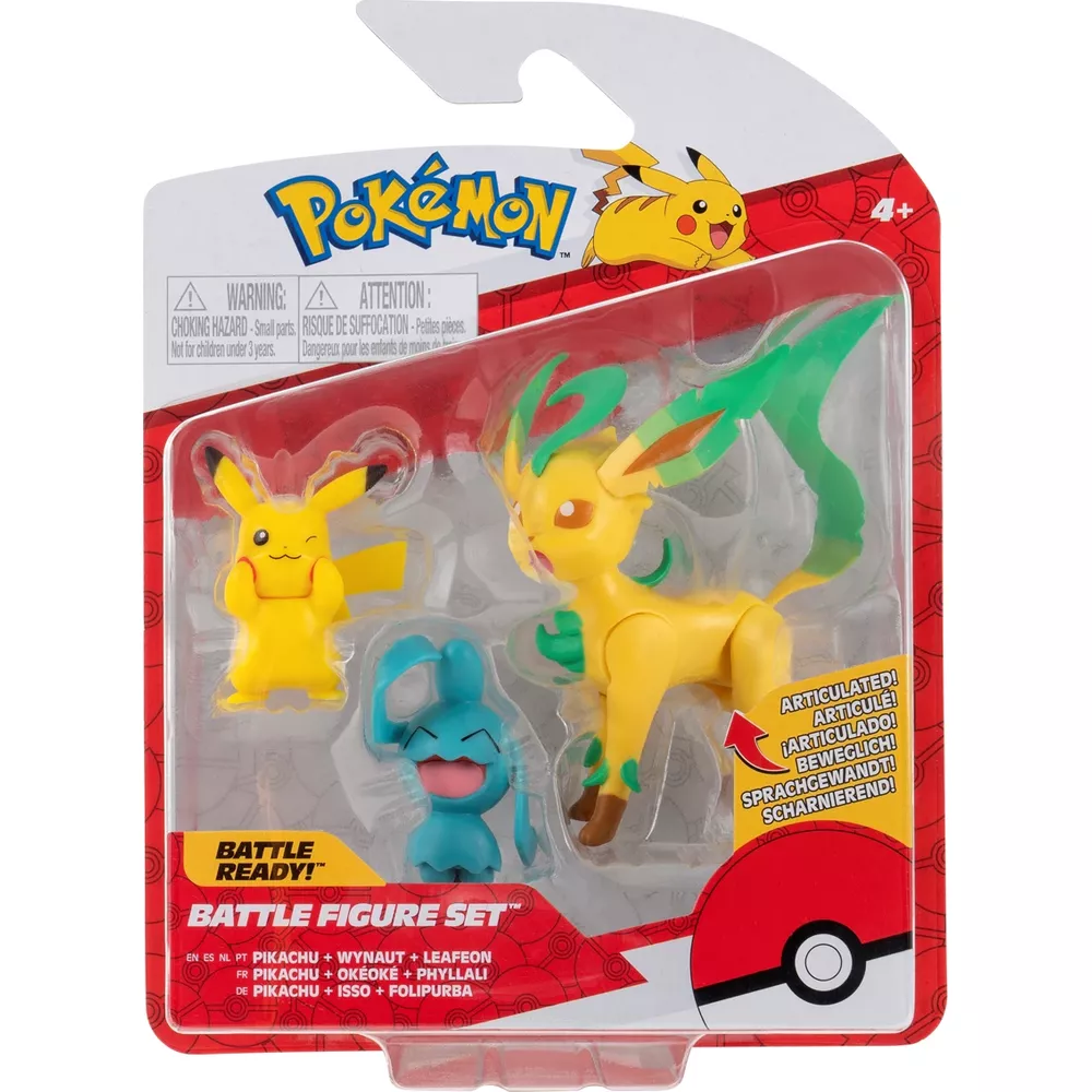 Set de figuras de batalla Pokémon con Pikachu, Wynaut y Leafeon en su caja.