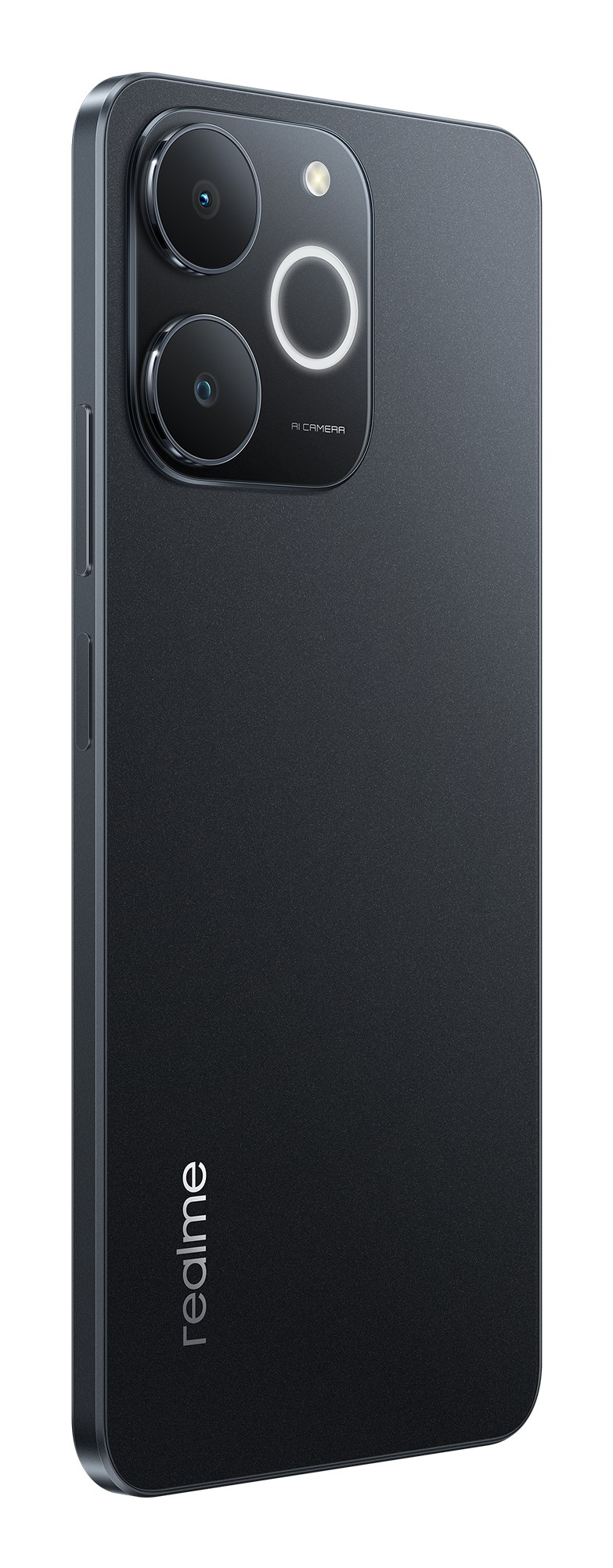 Tył czarnego smartfona Realme z podwójnym aparatem, okrągłym pierścieniem lampy błyskowej i logo.