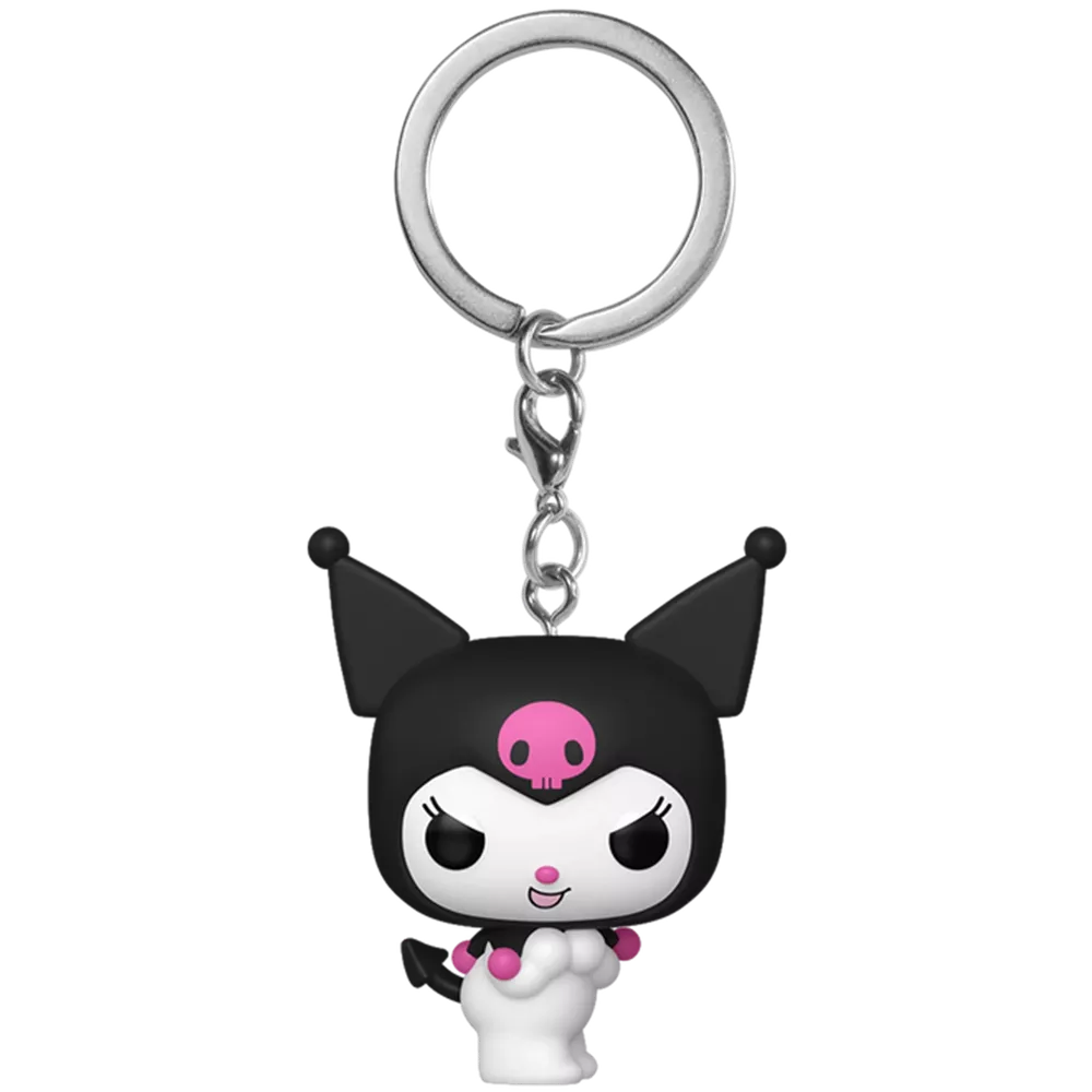 Ein schwarz-weißer Zeichentrick-Schlüsselanhänger mit einem rosa Totenkopf auf dem Kopf und einem Silberring.