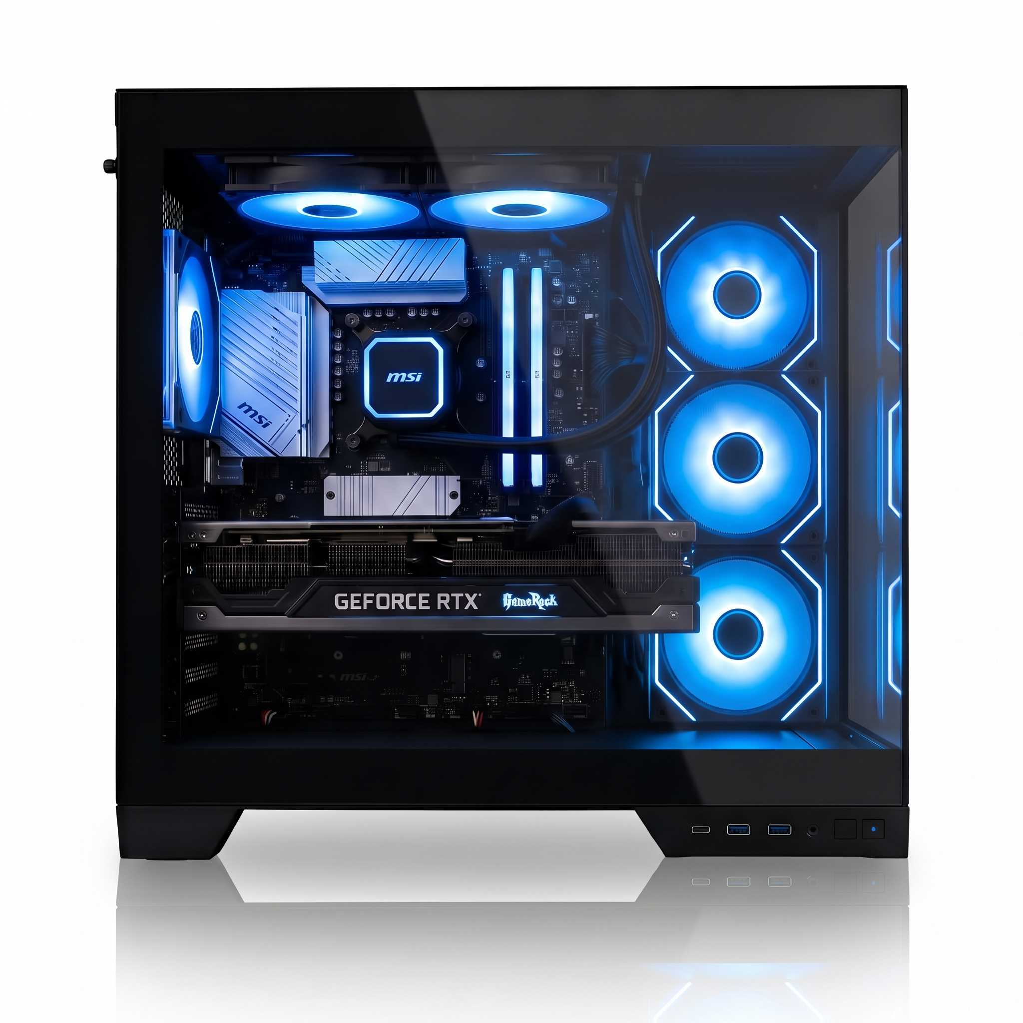 Ein schwarzer PC-Gehäuse mit hellblauer Innenbeleuchtung, sichtbaren Lüftern, einer GeForce RTX Grafikkarte und MSI-Komponenten.