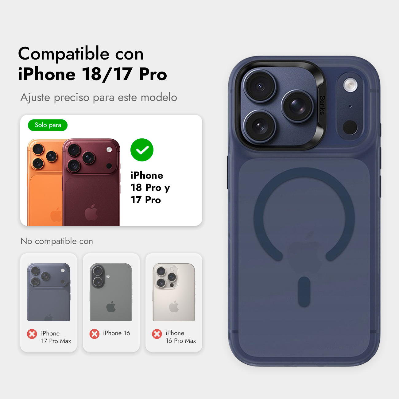 Fundas azules para iPhone con anillo MagSafe, compatibles con iPhone 18 y 17 Pro, con tabla de compatibilidad.