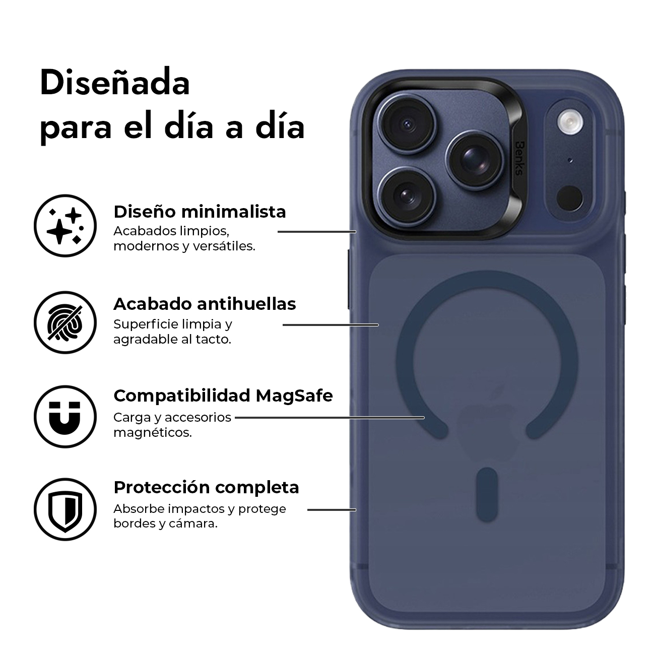 Funda azul para móvil con anillo MagSafe, protección de cámara e iconos de características con texto en español.
