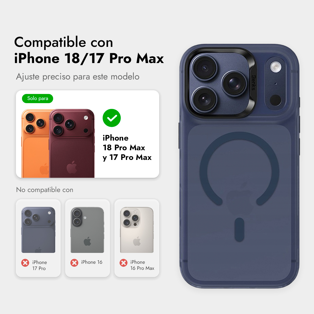 Funda azul para smartphone iPhone, con detalles de compatibilidad y comparación.