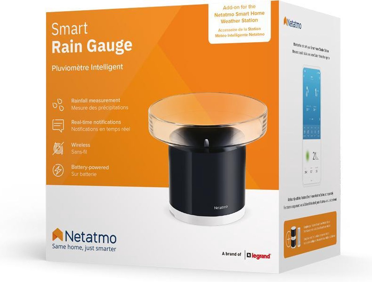 Opakowanie inteligentnego deszczomierza Netatmo ze zdjęciem produktu i pomarańczowym przodem.