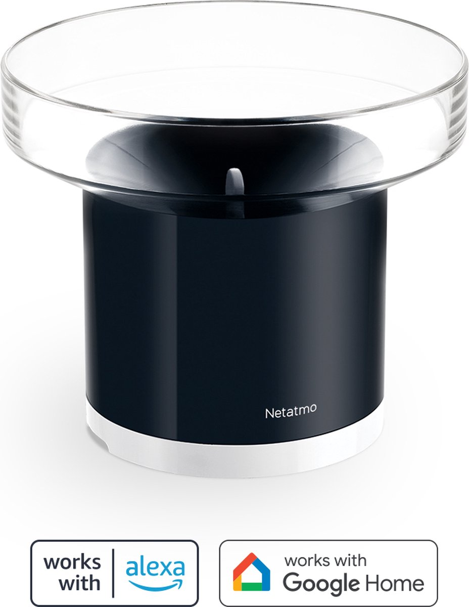 Czarno-biały inteligentny deszczomierz Netatmo z przezroczystym szklanym blatem oraz logo Alexa i Google Home.