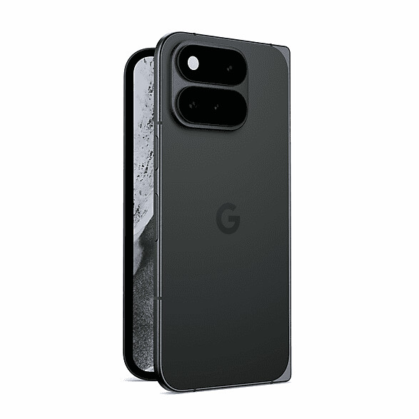 Smartphone pieghevole nero con due moduli fotocamera sul retro e il logo Google al centro.