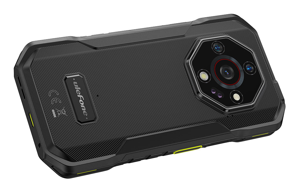 Rückseite eines schwarzen Ulefone Outdoor-Smartphones mit markantem Kameramodul und robuster Textur.