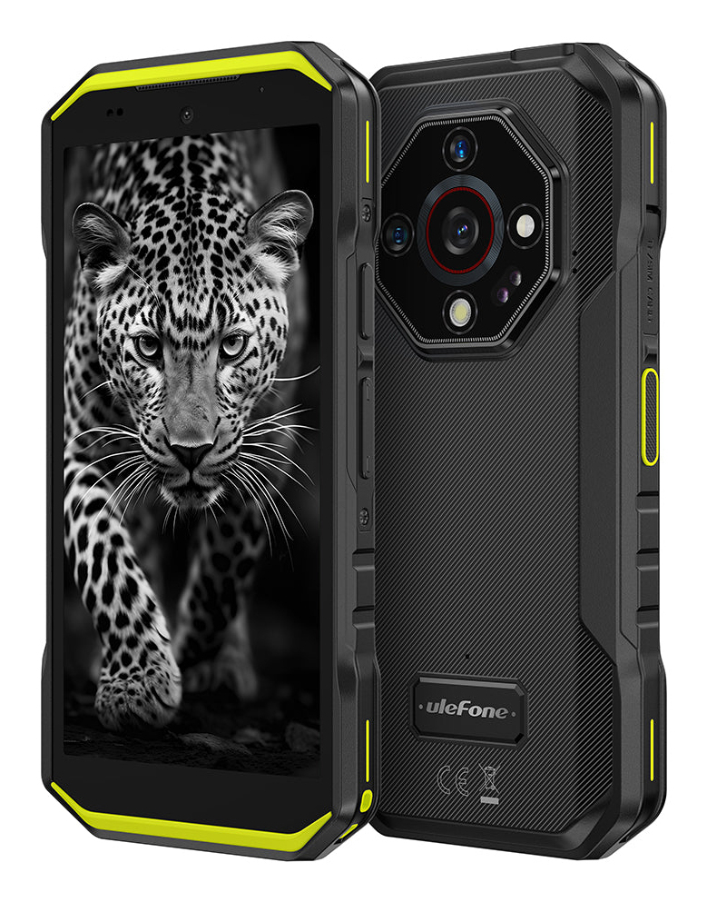Robustes schwarzes Ulefone-Smartphone mit gelben Akzenten; das Display zeigt eine Raubkatze.