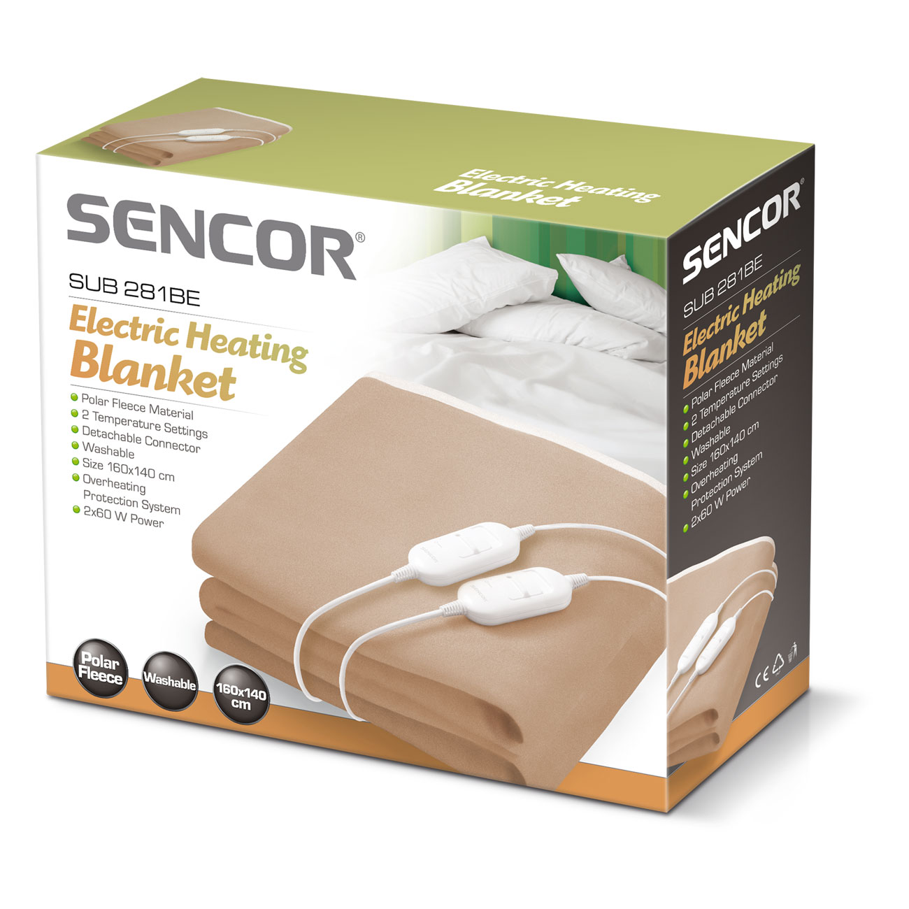 Embalaje de la manta térmica eléctrica Sencor SUB 281BE en marrón y blanco, con detalles del producto.