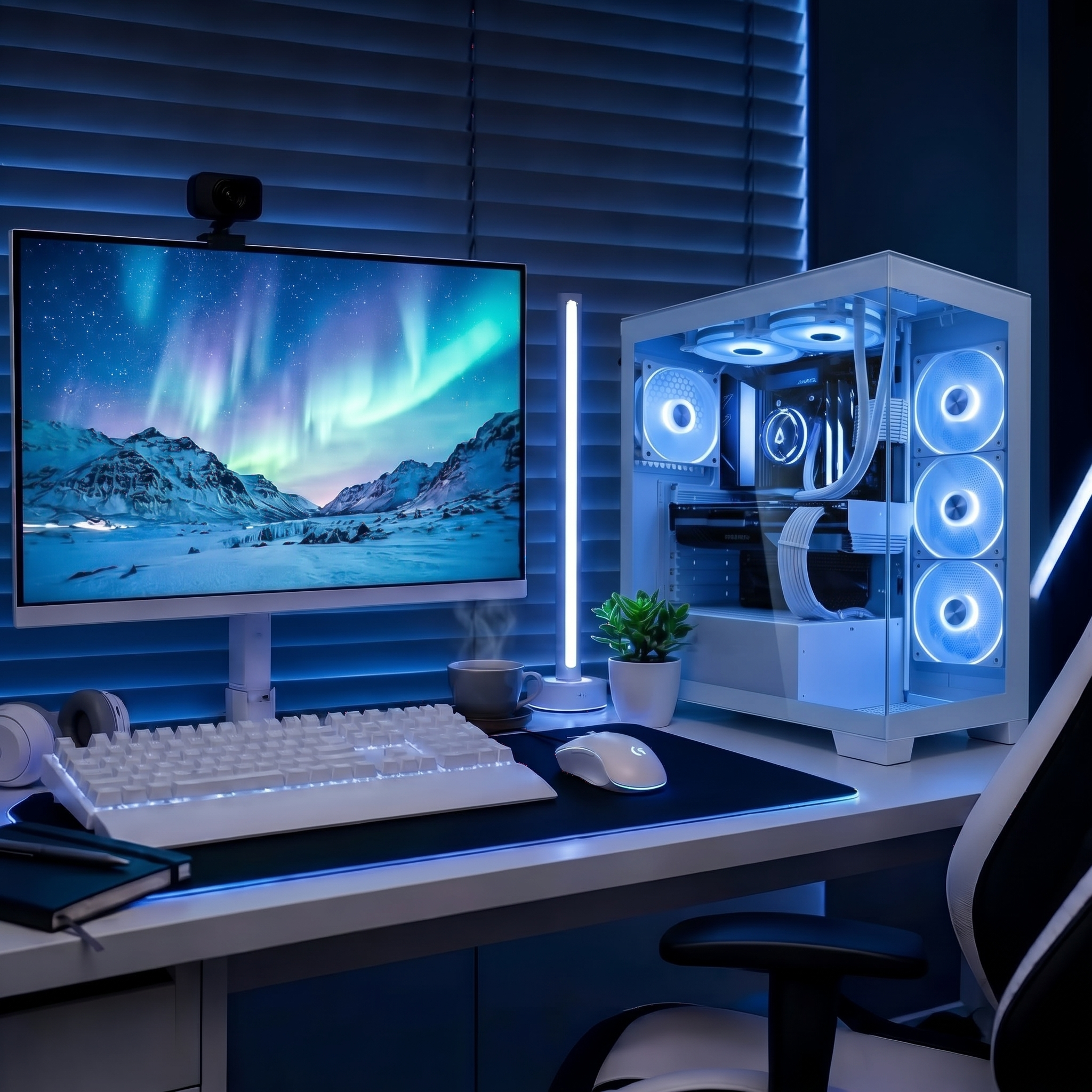 Ein sauberer Schreibtisch mit Monitor, Aurora-Hintergrund, weißer Tastatur, Maus, Gaming-PC und einer kleinen Pflanze.