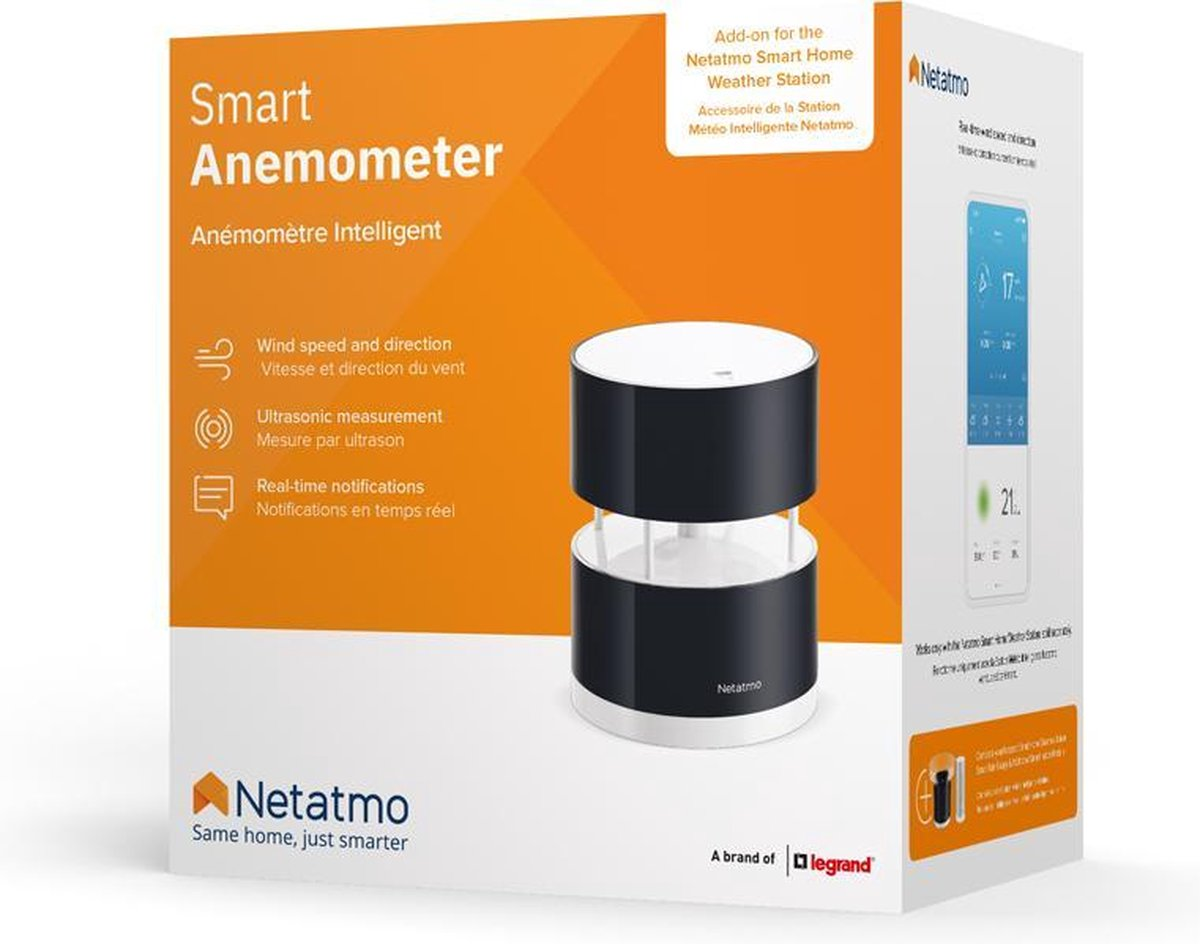 Opakowanie inteligentnego anemometru Netatmo na pomarańczowo-białym tle z wizerunkiem produktu.