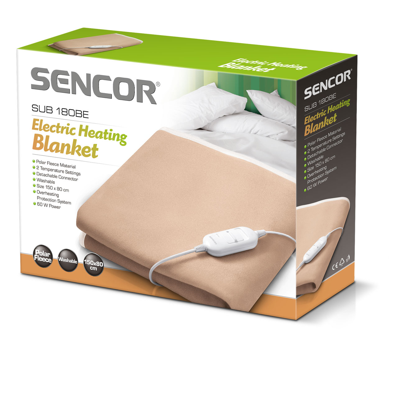 Caja del producto Manta Térmica Eléctrica Sencor SUB 180BE con manta beige y controlador adjunto.