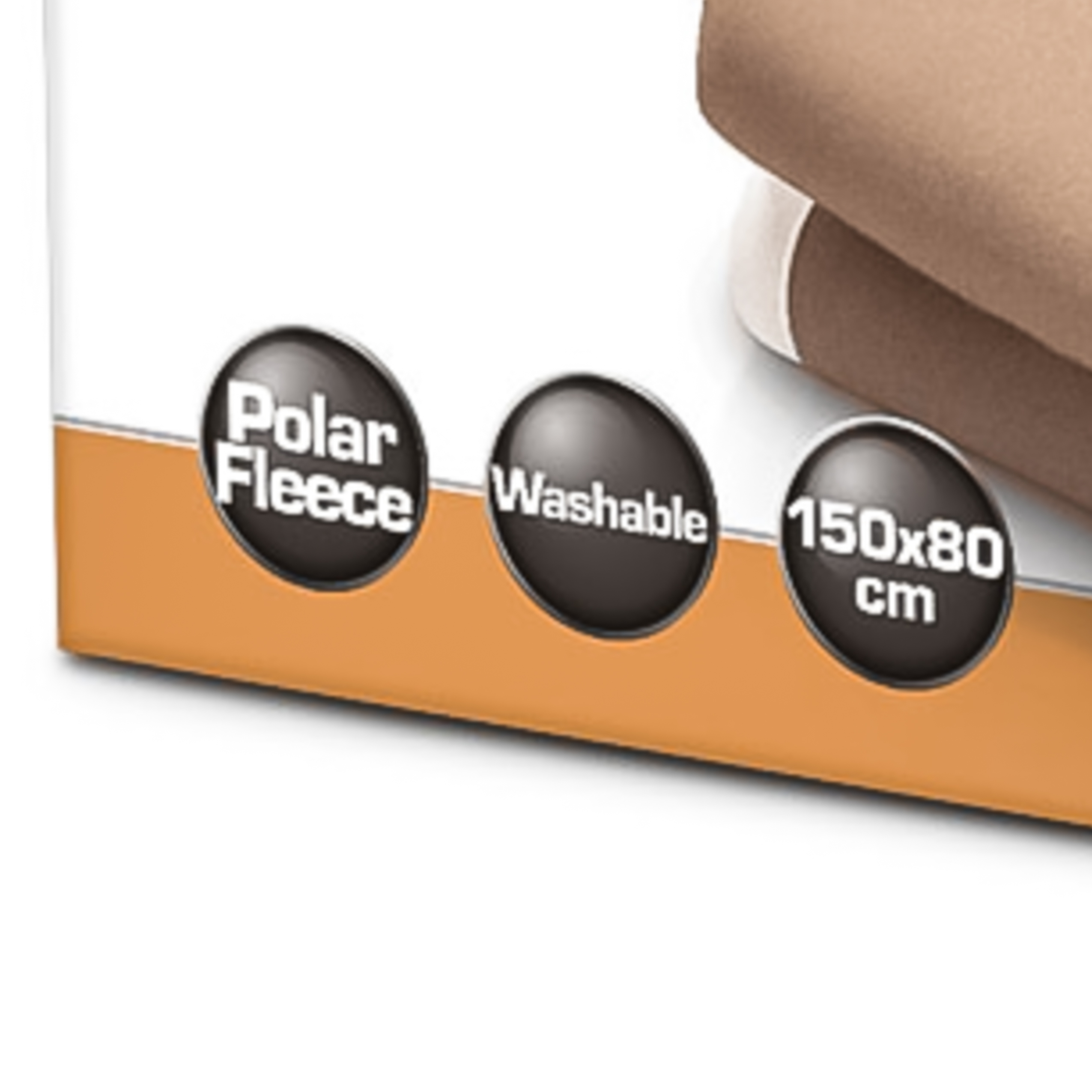 Embalaje del producto con etiquetas de Polar Fleece, Washable y dimensiones 150x80 cm.
