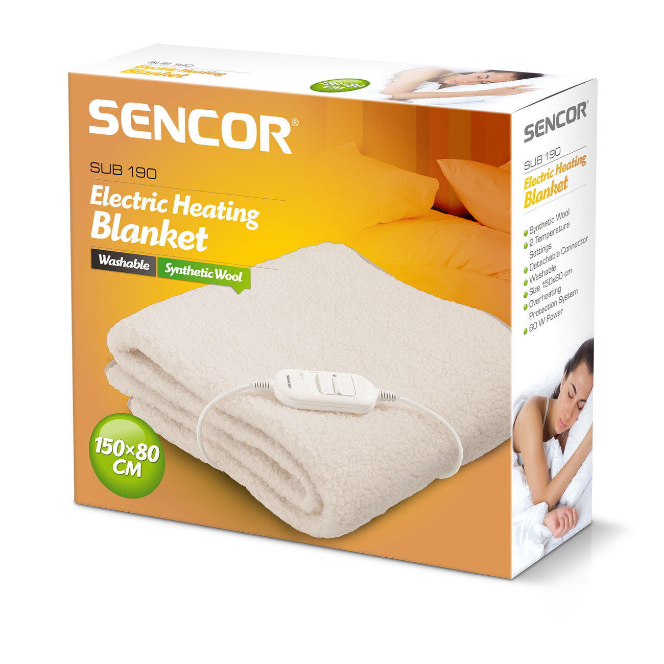 Scatola del prodotto per coperta termica elettrica Sencor SUB 190 con coperta bianca.