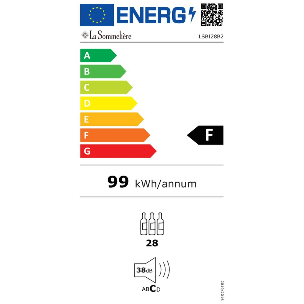 Etiqueta energética clase F de La Sommelière, 99 kWh/año, 28 botellas, 38 dB.