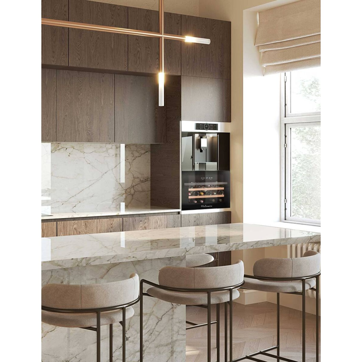 Cocina moderna con gabinetes de madera oscura, isla de mármol, cafetera empotrada, vinoteca y taburetes.