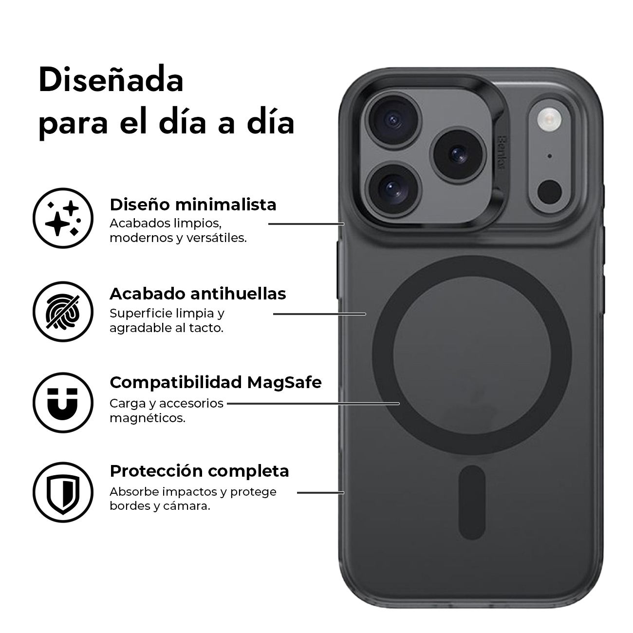 Funda de móvil negra con recorte para cámara y anillo MagSafe, rodeada de texto promocional.
