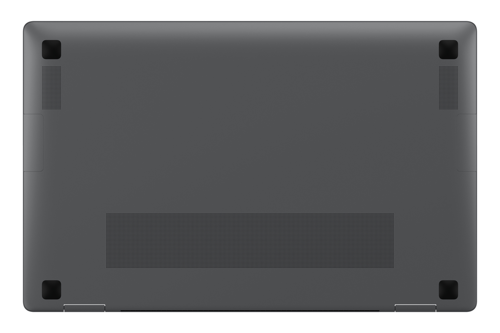 Die dunkle Unterseite eines Laptops zeigt vier Gummifüße, Lüftungsgitter und zwei kleine Scharniere am unteren Rand.