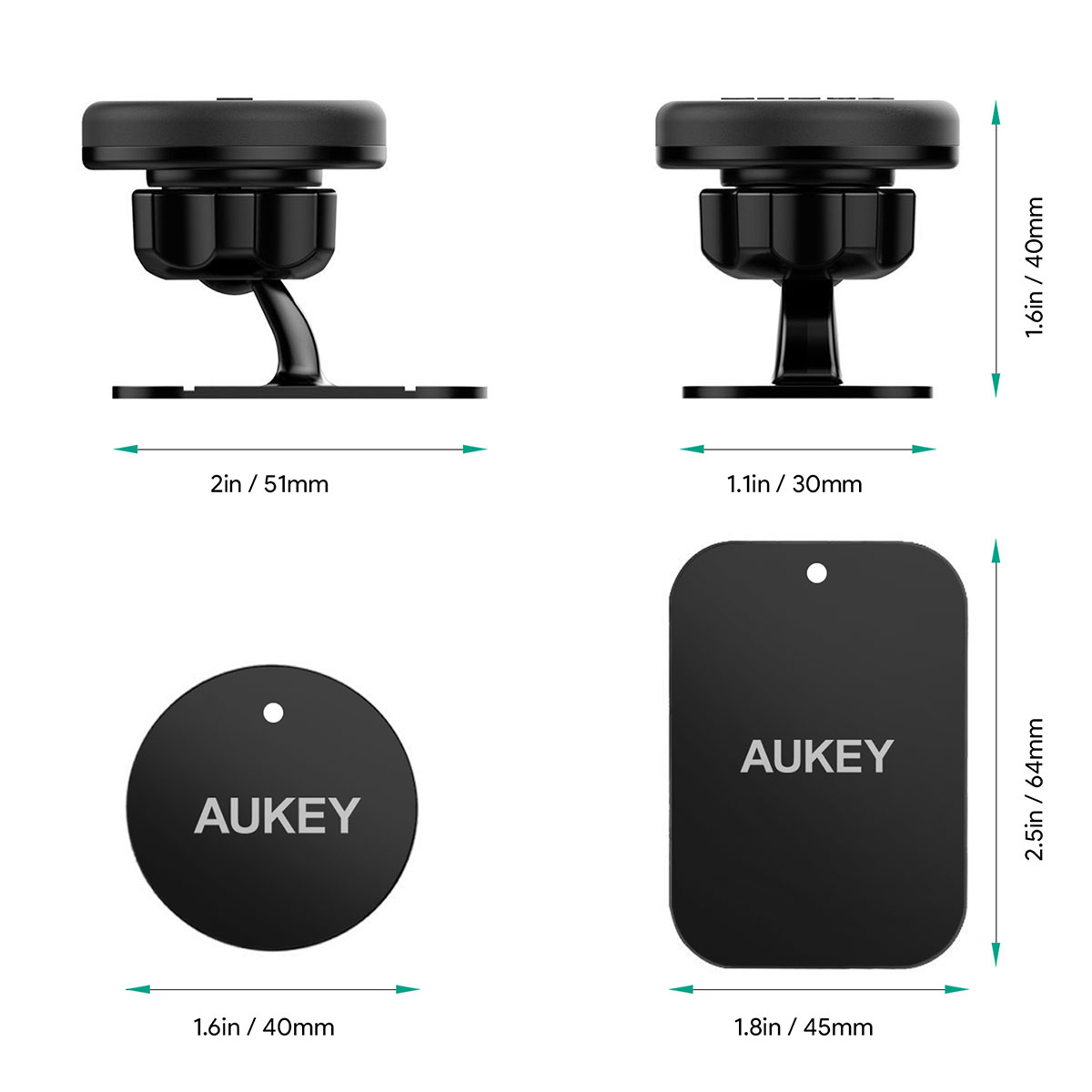 Ölçüleri ile birlikte siyah bir Aukey manyetik telefon tutucusunun teknik çizimi.