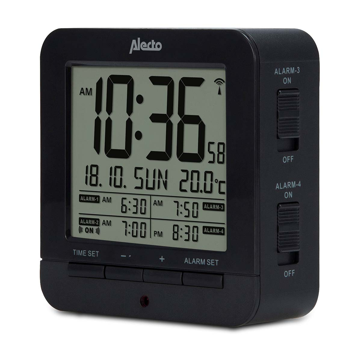 Un despertador digital Alecto negro con pantalla grande que muestra las 10:36, fecha, temperatura y alarmas.