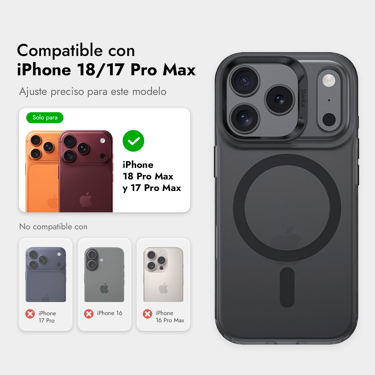 Funda negra MagSafe para iPhone 18 y 17 Pro Max, mostrando detalles de compatibilidad.
