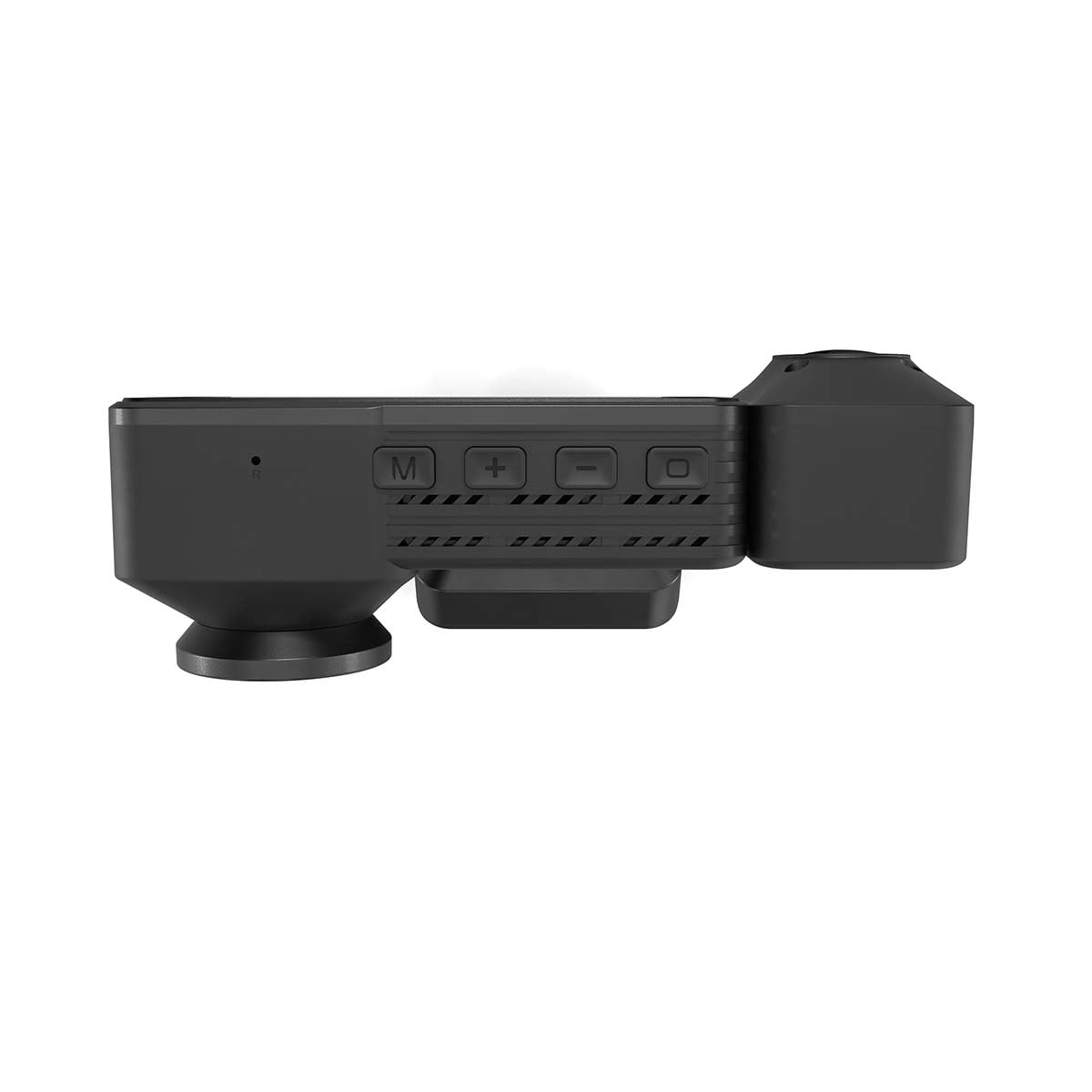 Schwarze Dashcam mit vier Tasten M, Plus, Minus und Power auf der Unterseite.