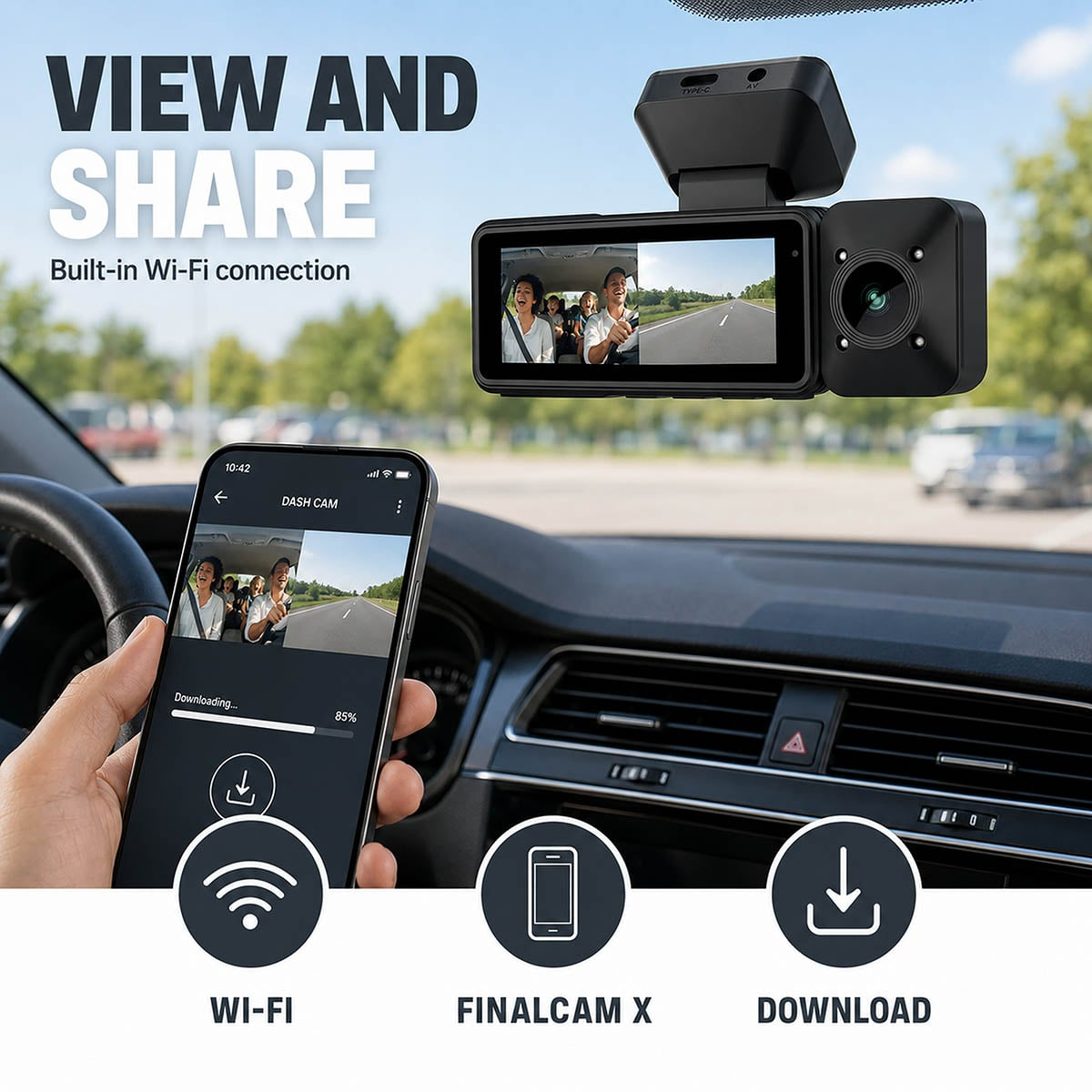 Eine Autokamera ist an der Windschutzscheibe montiert, während ein Smartphone Live-Feed und Download-Fortschritt zeigt.