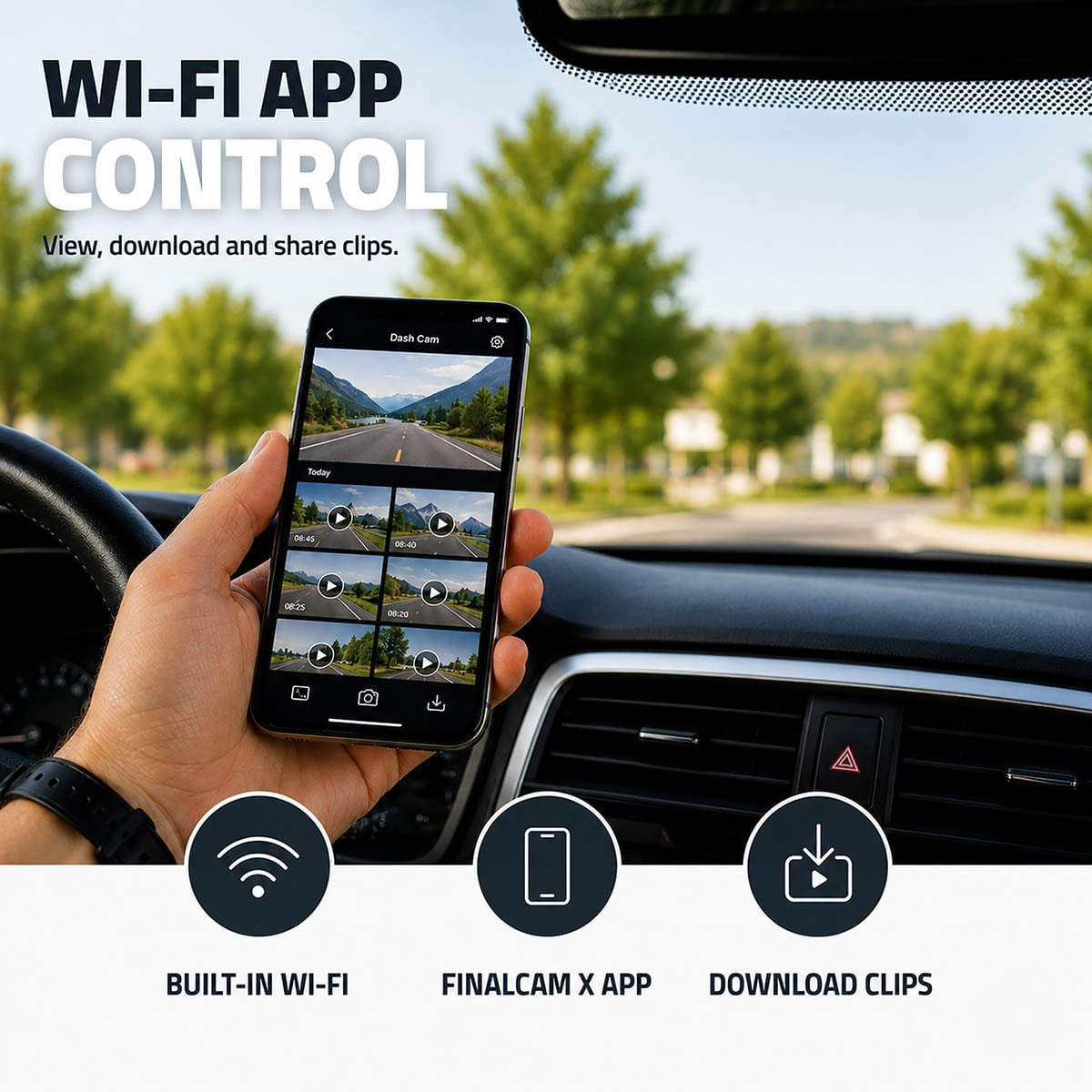 Eine Hand hält ein Smartphone mit einer Dashcam-App im Auto, mit WLAN-Symbolen und Text.
