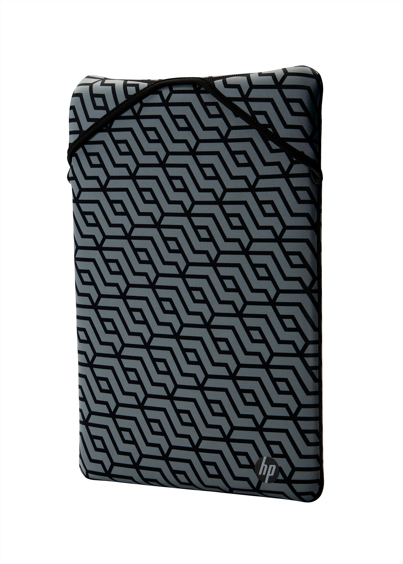 A gray laptop sleeve with a black geometric pattern and an HP logo on a white background.