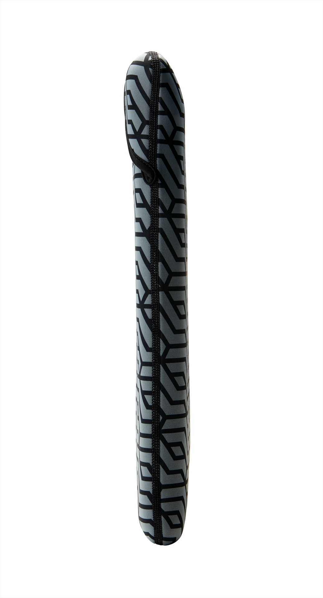 A grey laptop sleeve with a black geometric pattern, photographed from the side on a white background.