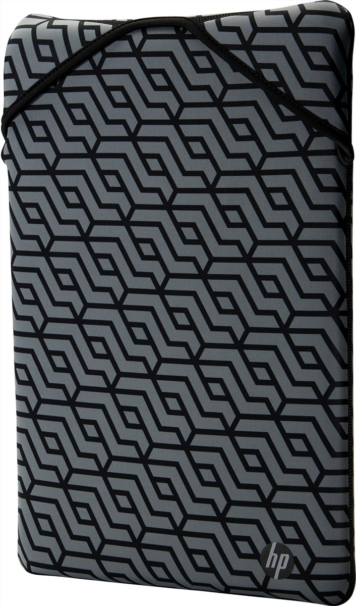 A gray laptop sleeve featuring a black geometric pattern and an HP logo.