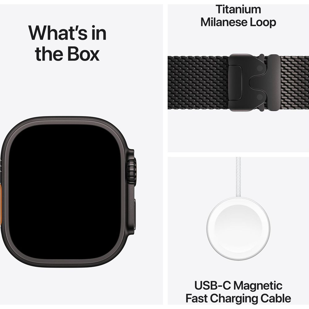 Cosa c'è nella scatola: Un cinturino milanese in titanio, un orologio e un cavo di ricarica rapida magnetica USB-C.