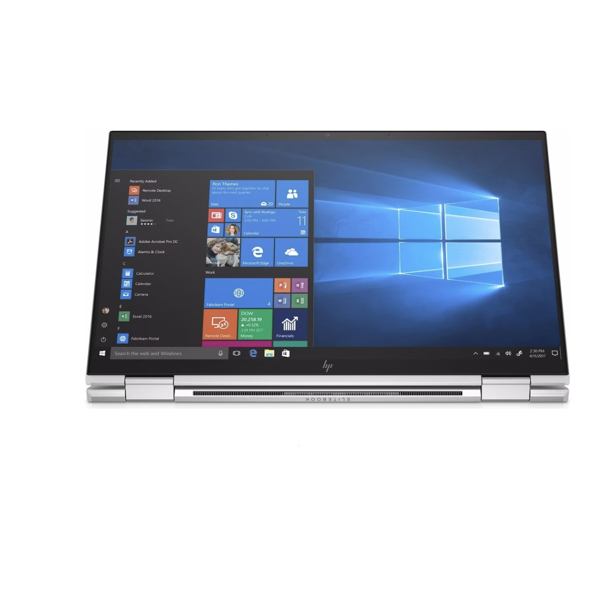 Un ordinateur portable HP EliteBook argenté affichant le menu démarrer de Windows 10 sur son écran bleu.