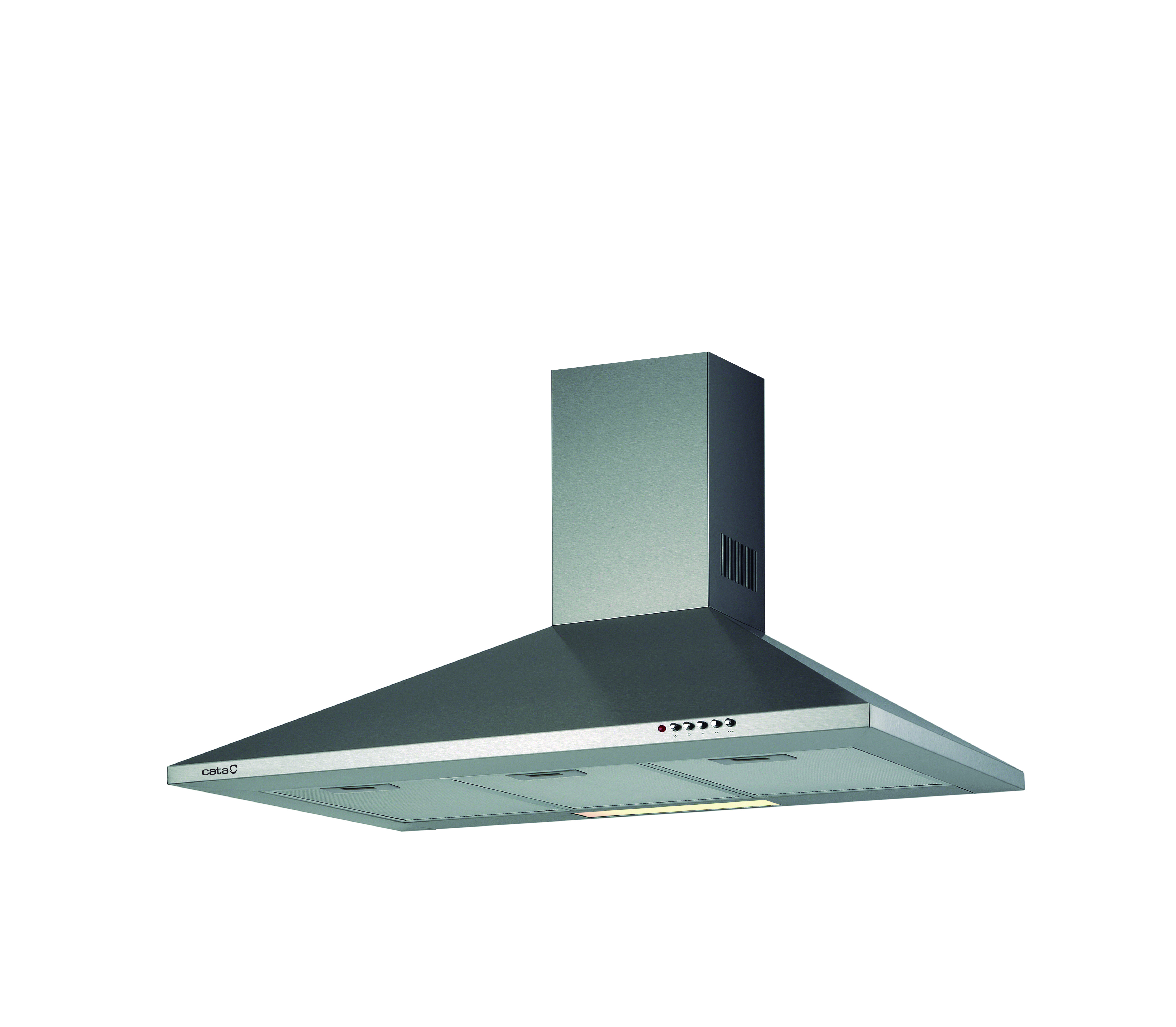 Una campana extractora de acero inoxidable con botones y luz sobre fondo blanco.