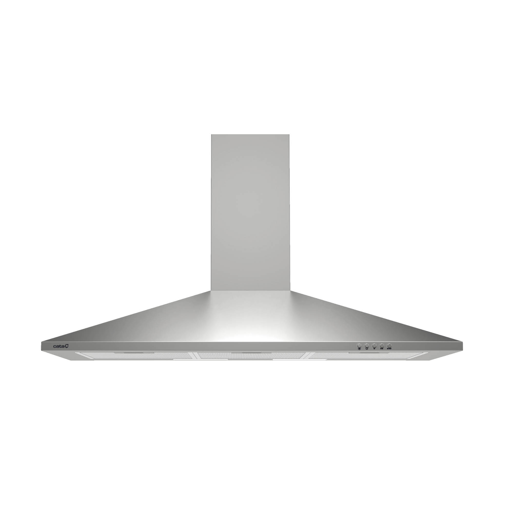 Una campana extractora de pared de acero inoxidable plateado con campana cónica y chimenea vertical.