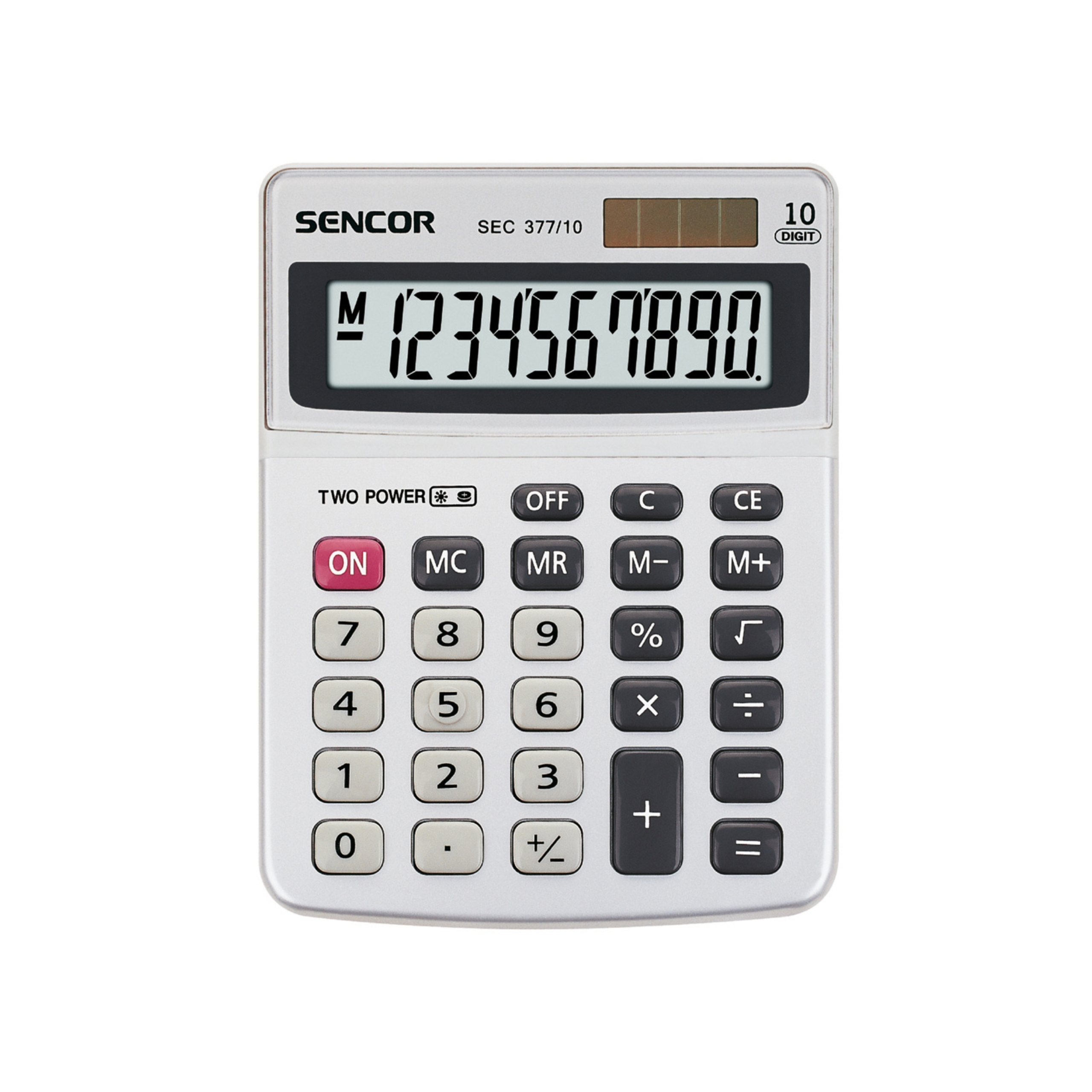 Una calculadora de escritorio Sencor plateada con pantalla de diez dígitos, panel solar y varios botones de función.
